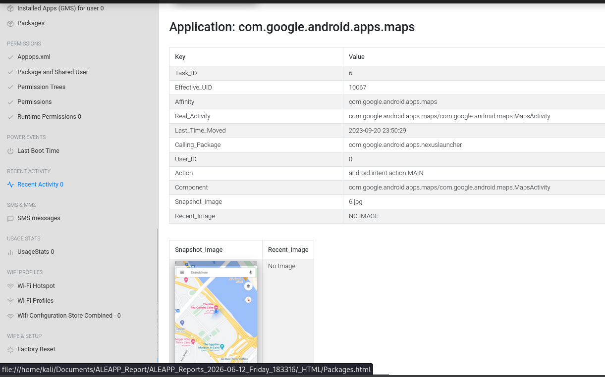 ALEAPP application snapshot metadata showing the cached Recent Apps image for Google Maps (com.google.android.apps.maps) with a timestamp of September 20, 2023 — the system captured the map view at the exact moment the victim switched away from the app.