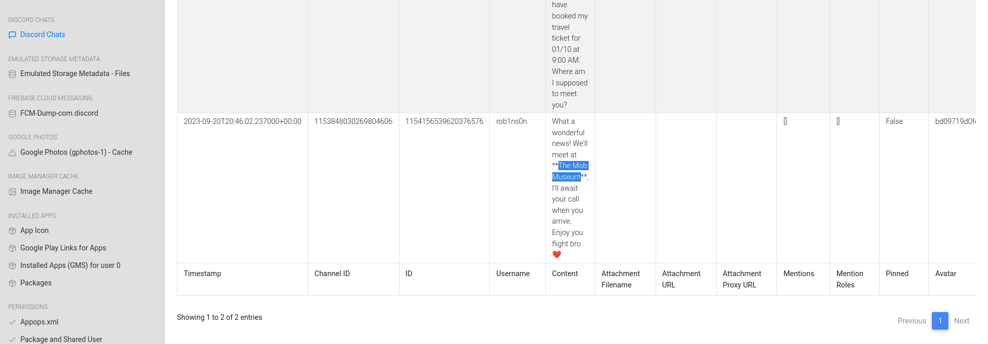 ALEAPP Discord chat parser output showing a conversation between the victim and the user rob1ns0n. where they arrange to meet at The Mob Museum in Las Vegas — correlating the booked flight destination with a planned in-person meeting.
