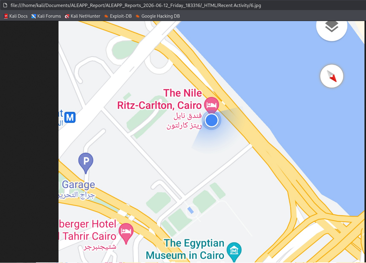 Google Maps screenshot recovered from the Android device's Recent Apps cache showing the victim's location pinned at The Nile Ritz-Carlton hotel in Cairo, Egypt — establishing the victim's physical location on September 20, 2023.