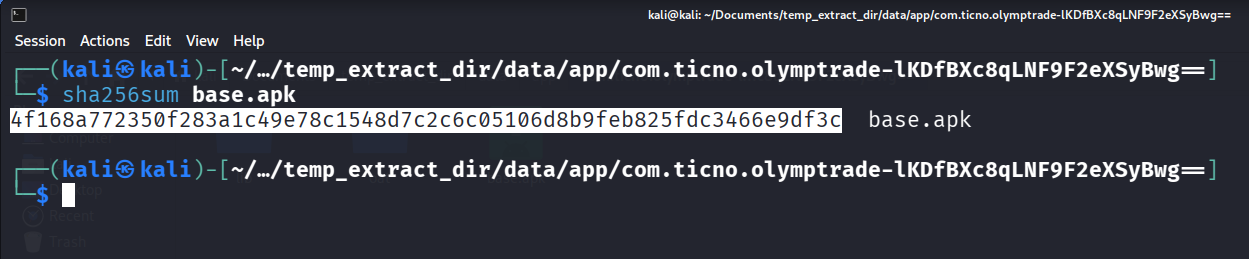 Terminal output showing the sha256sum command executed against the base.apk file of the com.ticno.olymptrade package, returning the full SHA256 hash 4f168a772350f283a1c49e78c1548d7c2c6c05106d8b9feb825fdc3466e9df3c — cryptographically identifying the trading application.