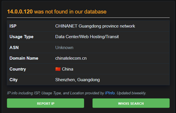 AbuseIPDB/ipinfo.io lookup for 14.0.0.120 showing CHINANET Guangdong, Shenzhen, China with Data Center usage type.