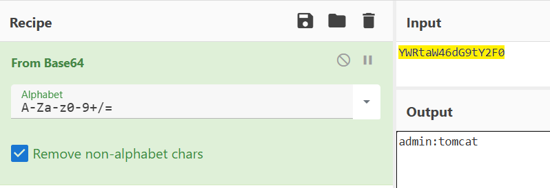 CyberChef From Base64 operation decoding YWRtaW46dG9tY2F0 to admin:tomcat.