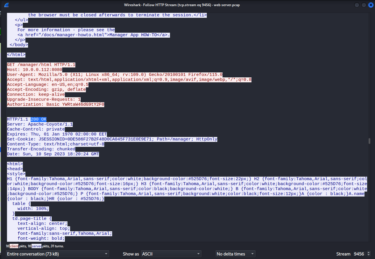 Wireshark filtered formanager/html requests from the attacker IP showing multiple brute-force attempts, with the final successful request and a POSTmanager/html/upload.