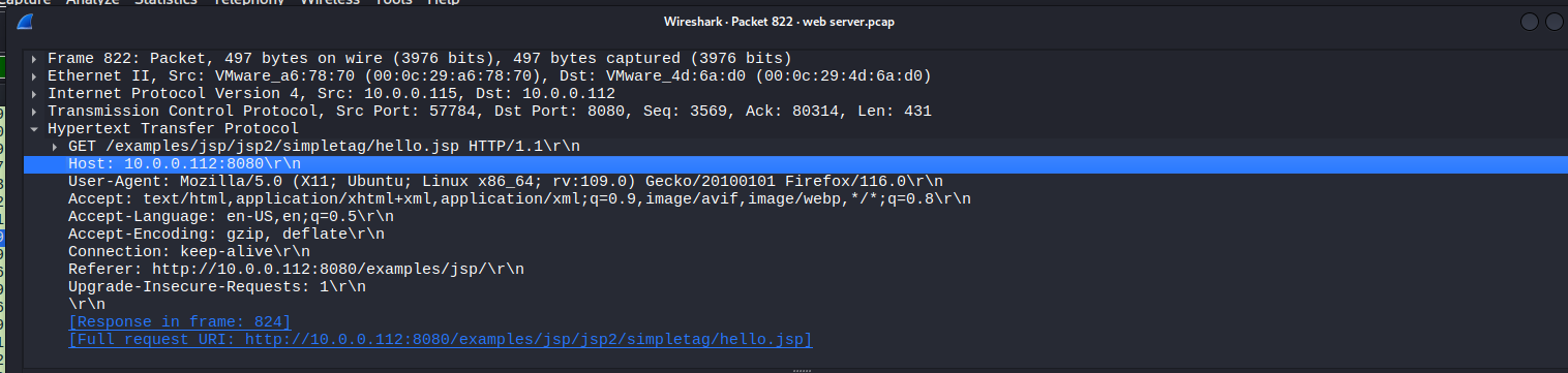 Wireshark packet details showing HTTP GET request toexamples/jsp/jsp2/simpletag/hello.jsp on port 8080 with Firefox User-Agent.