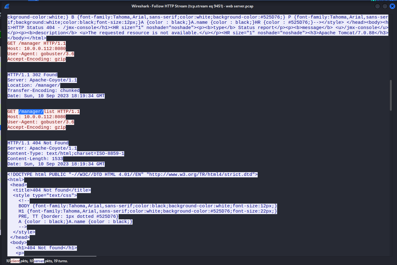Wireshark HTTP stream showing themanager discovery: Gobuster 3.6 triggering a 302 redirect tomanager/, confirming the admin panel location.