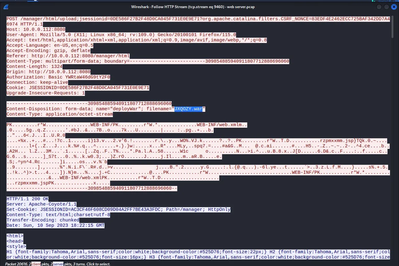 Wireshark HTTP stream showing the JXQOZY.war upload via POSTmanager/html/upload with the WAR file contents including rzpmxxmm.jsp, followed by a 200 OK response.