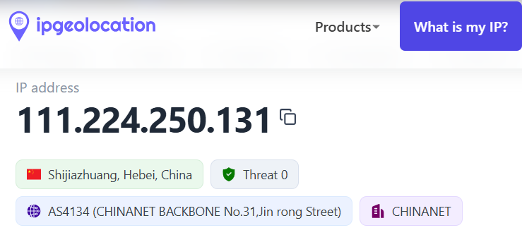 ipgeolocation.io confirming the attacker's city as Shijiazhuang, Hebei, China with Threat Score 0.