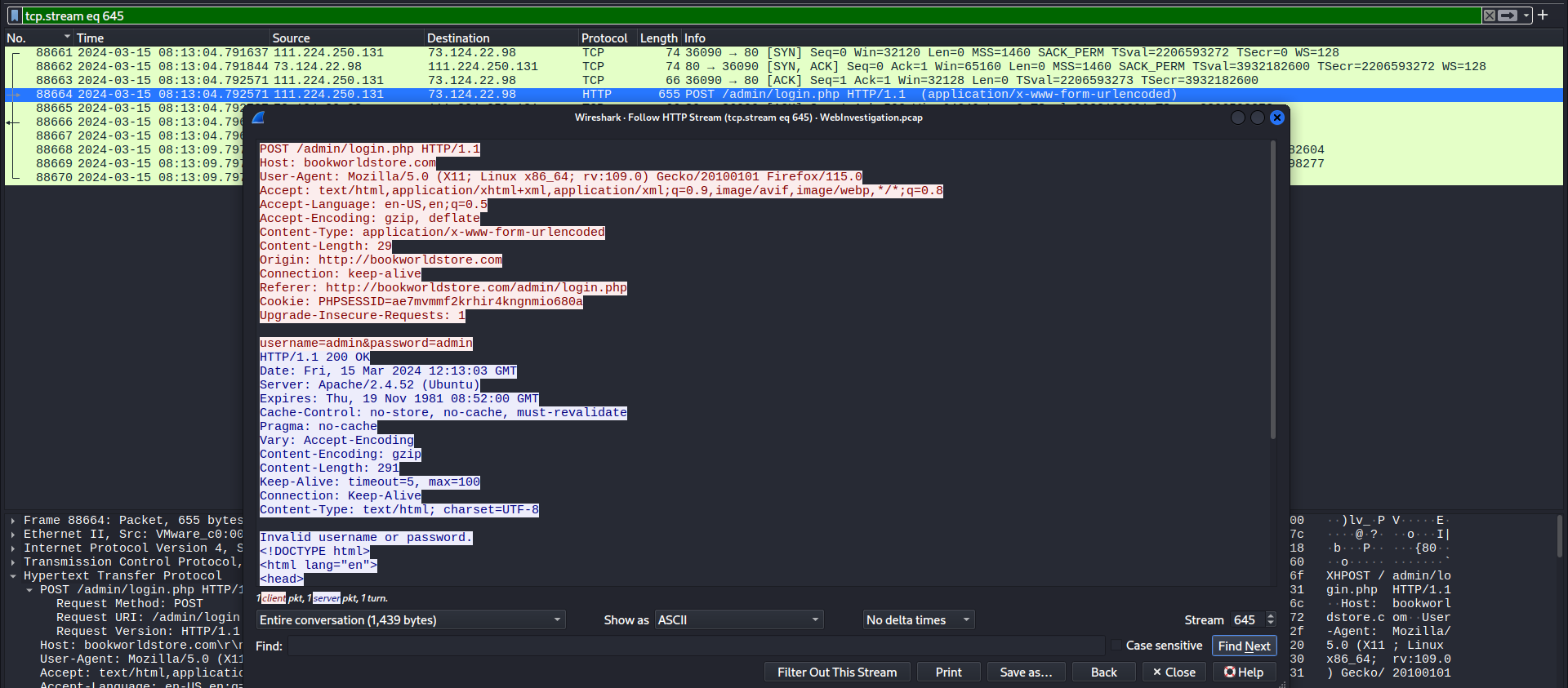 Wireshark showing the first failed login attempt — HTTP stream with POST toadmin/login.php, credentials admin:admin, and "Invalid username or password" response.