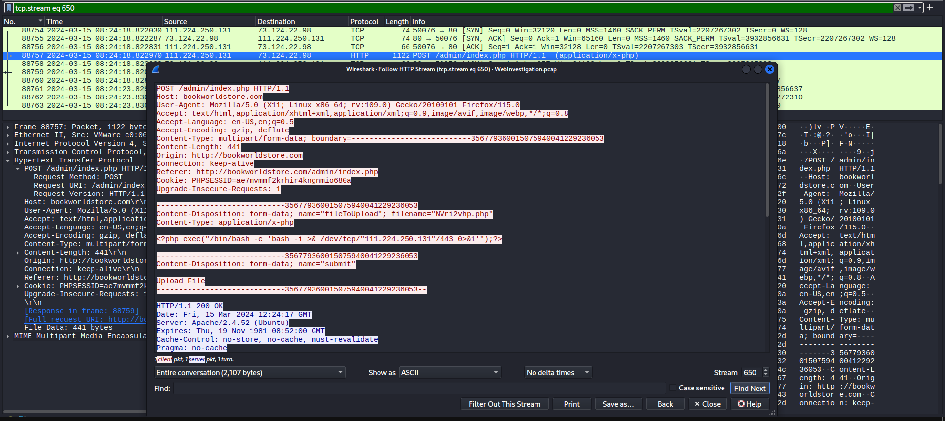 Wireshark HTTP stream showing the complete webshell upload — POST toadmin/index.php with NVri2vhp.php containing a PHP reverse shell payload connecting back to the attacker on port 443.