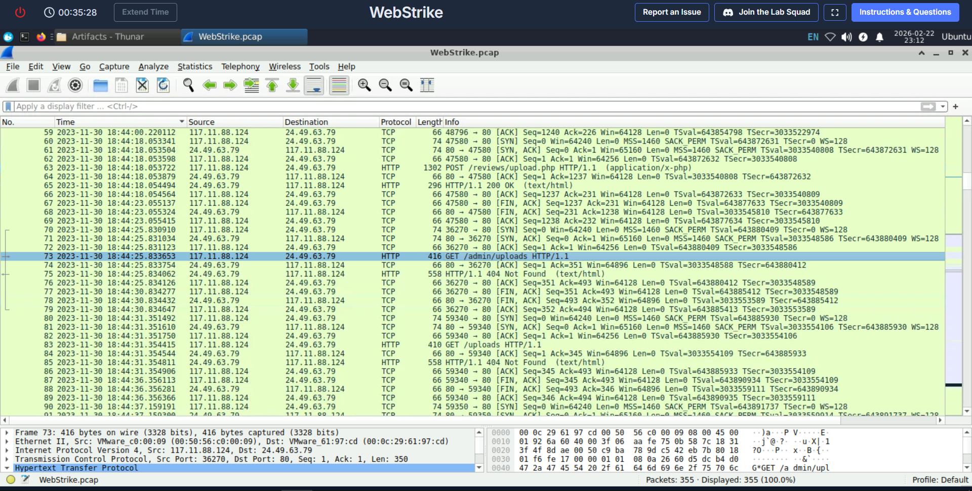 Attacker receiving 404 Not Found errors while searching for the upload directory.