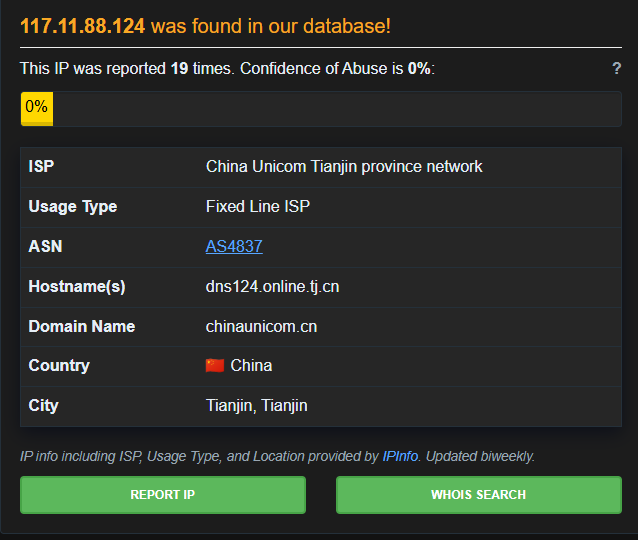 Geolocation confirming the origin city as Tianjin.