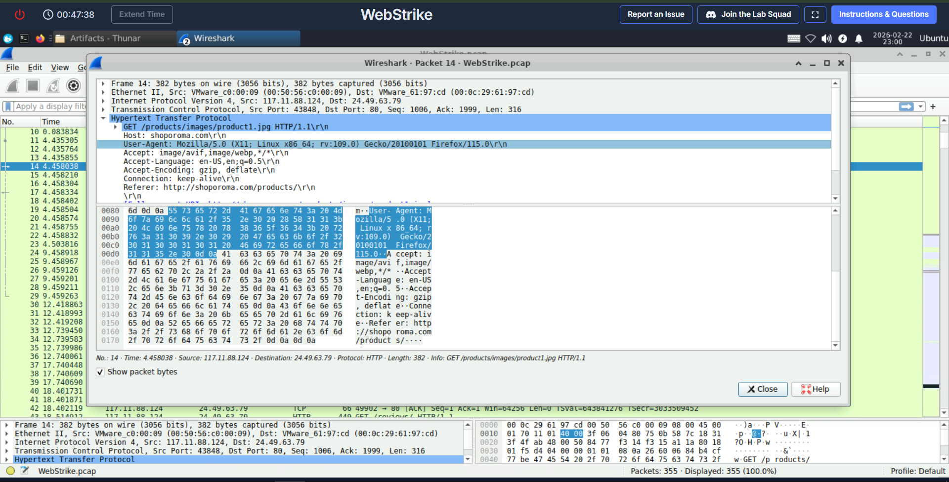 Packet details revealing the Kali Linux-associated User-Agent.