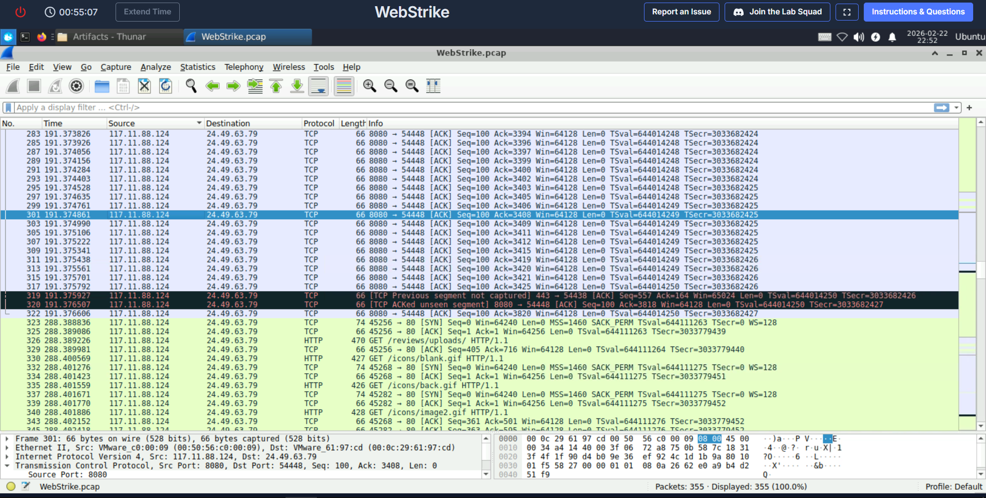Initial PCAP view isolating the attacker IP (117.11.88.124) interacting with the victim server.