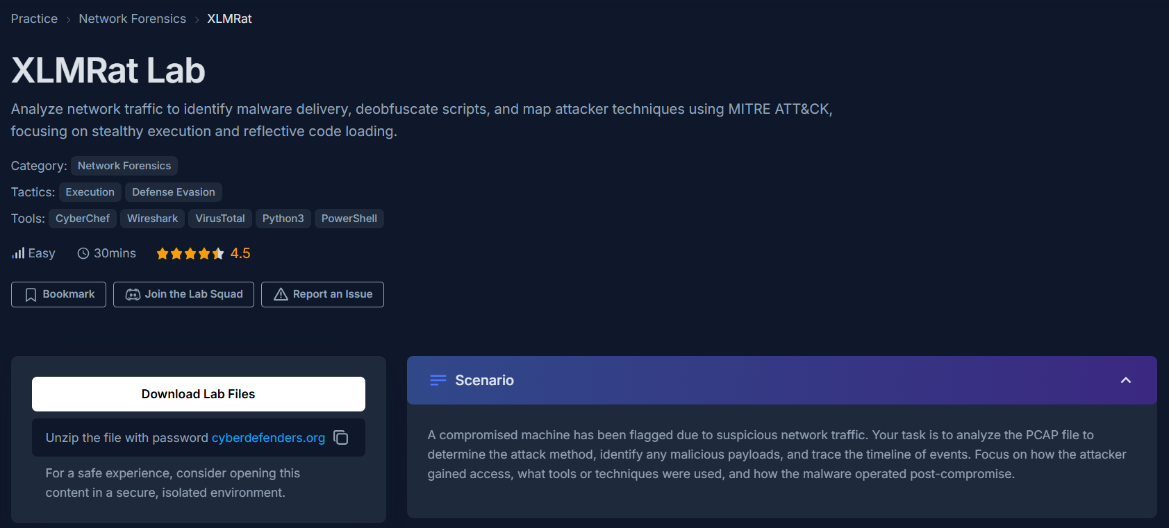 CyberDefenders XLMRat Lab overview page showing category Malware Analysis, tools Wireshark and CyberChef, and the scenario describing suspicious network traffic from a compromised host.