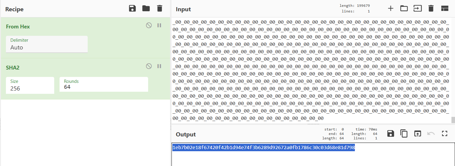 CyberChef recipe showing Find/Replace to strip underscore delimiters, followed by From Hex conversion, followed by SHA-256 hash generation — yielding the payload's fingerprint: 1eb7b02e...