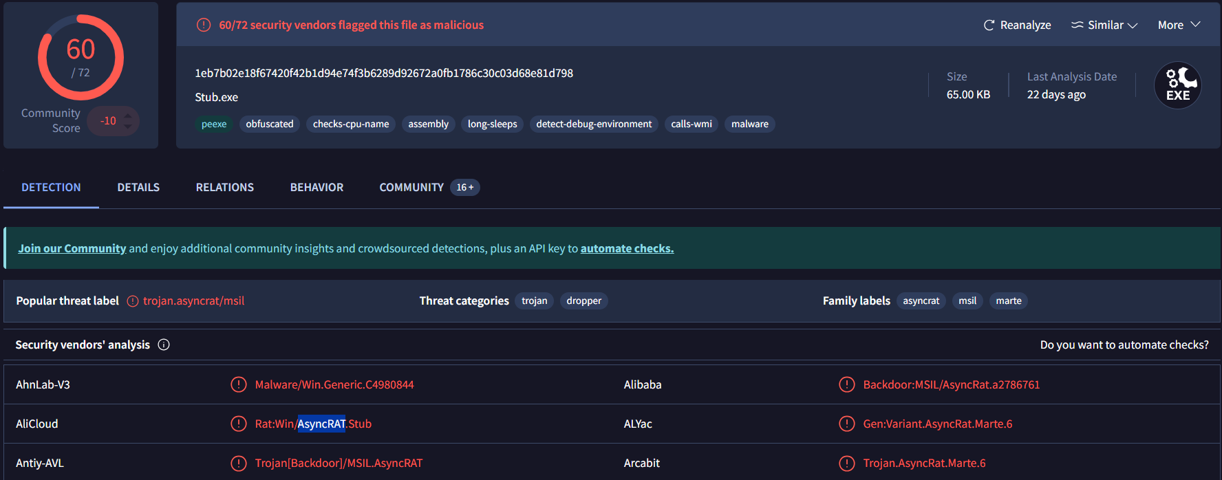 VirusTotal detection page for the AsyncRAT payload hash showing 60/72 vendor detections, Alibaba classification as Backdoor:MSIL/AsyncRat.A2786761, and community tags identifying this as AsyncRAT.
