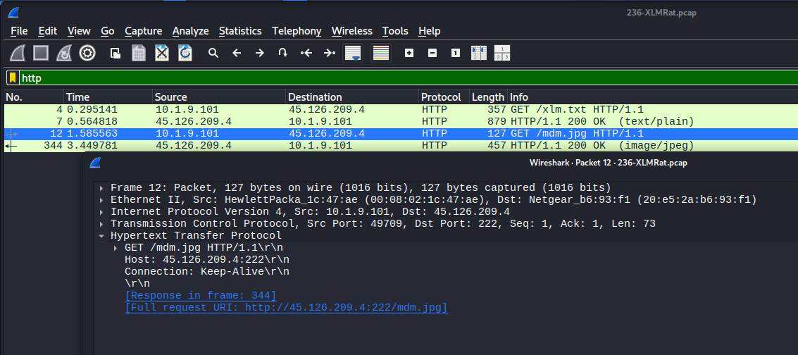 Wireshark PCAP with HTTP filter applied, showing GET request from the compromised host to 45.126.209.4:222 to download mdm.jpg, followed by the 200 OK response delivering the payload.