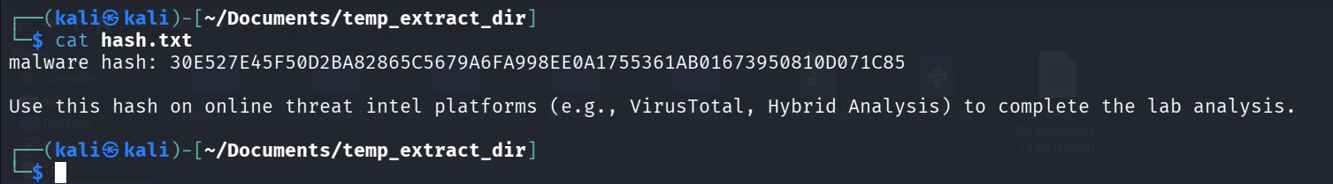 Terminal output showing hash.txt file contents with the SHA-256 hash value used as the primary pivot point for the Yellow RAT threat intelligence investigation.