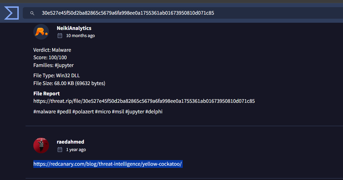 Red Canary threat intelligence blog post on Yellow Cockatoo showing the malware's behavior: reading or creating solarmarker.dat in the AppData Roaming directory as a unique host identifier, and beaconing to gogohid.com/gate with encoded host information.