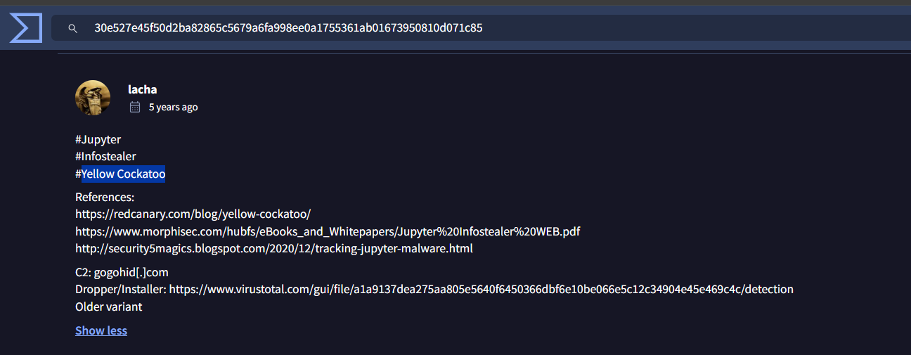 VirusTotal community comments section for the Yellow RAT hash showing researcher notes identifying the sample as Yellow Cockatoo and Jupyter infostealer, with links to Red Canary's threat intelligence report.