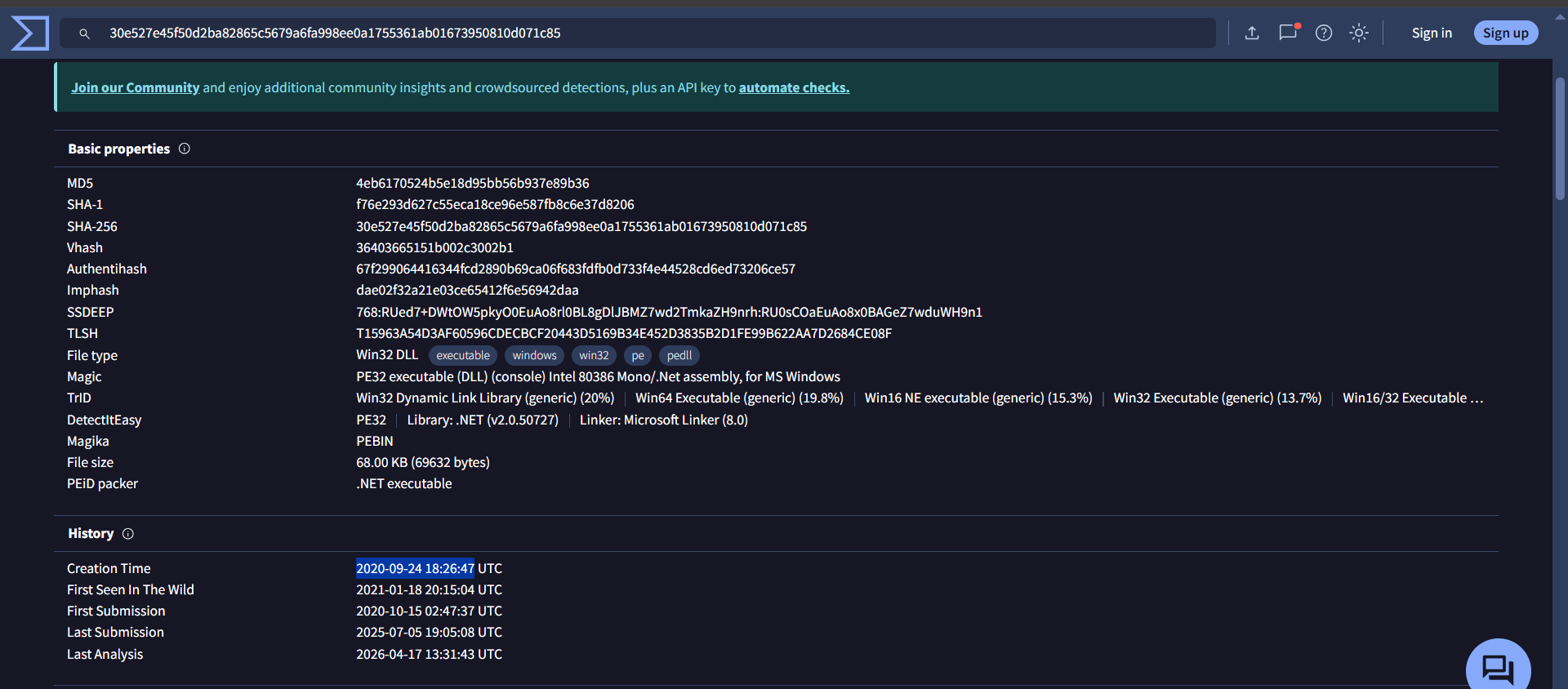 VirusTotal History section showing Creation Time, First Submission date of 2020-10-15 02:47:37 UTC, and First Seen in Wild date of 2021-01-18 for the Yellow RAT Jupyter DLL sample.